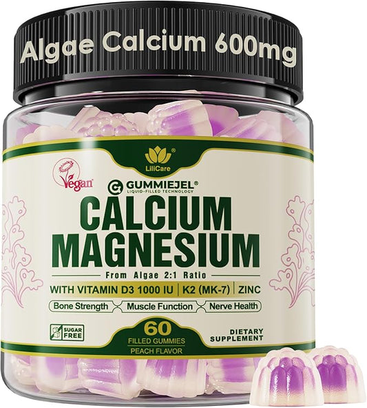 Plant Based Calcium Supplements for Women & Men - Certified Vegan - Calcium 600 mg with Vitamin D3 K2, Magnesium, Zinc for Bone Strength, Sustainably Sourced Algae Calcium Gummies, Sugar Free - 60 Cts
