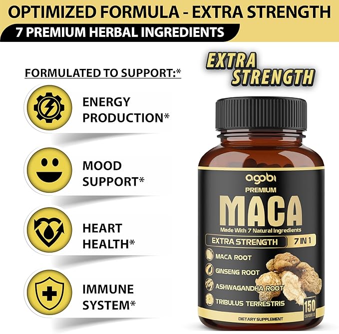 7in1 Premium Maca Root Capsules - with Ashwagandha, Ginseng, Tribulus, Shilajit, Shatavari & Black Pepper - Natural Energy, Performance & Mood Support - 150 Counts for 5 Months