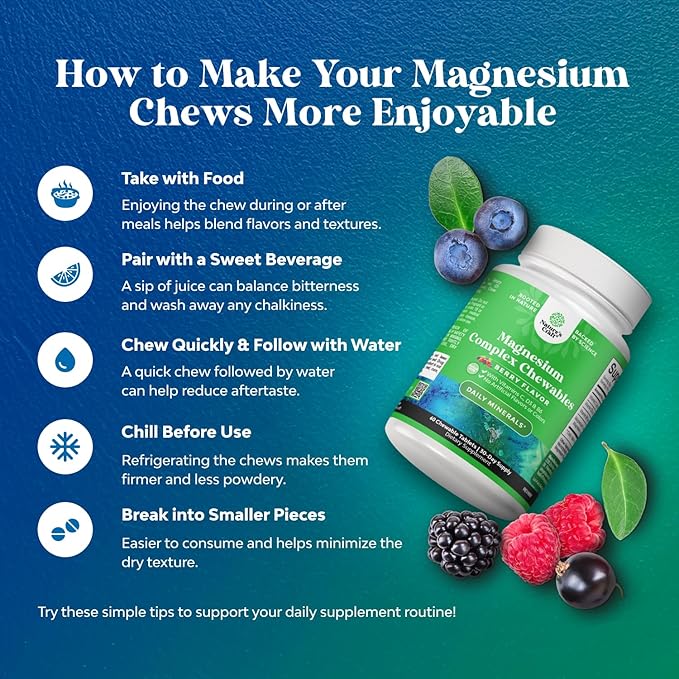 Sugar Free Magnesium Glycinate Chewable - Chewable Magnesium for Adults & Kids with Glycinate Taurate & Citrate Complex Plus Vitamins D3 B6 & C - Vegetarian Non-GMO & No Artificial Flavors (30 Day)