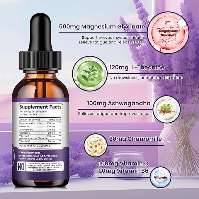 Magnesium Glycinate Liquid Drops 500mg, with Vitamin B6, Ashwagandha, L - Theanine, Chamomile, Magnesium Glycinate Supplement High Absorption for Sleep, Stress, Energy, Mood - Cherry Flavor