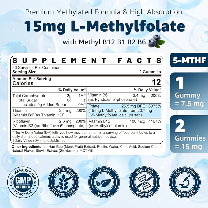 L-MethylFolate 15mg & Methyl B12 Gummies, Methylated B1, B2, B6 Multivitamins - Active 5-MTHF & High Absorption - Supports MTHFR Gene, Cognition, Homocysteine Levels, Folate Metabolism, Vegan, 60 Cts