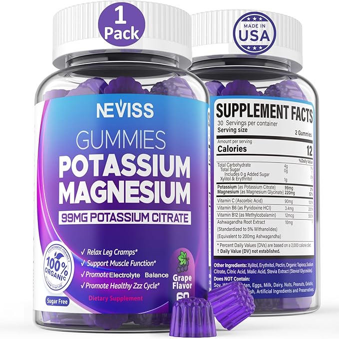 Potassium Magnesium Gummies - Potassium Supplement w/Ashwagandha 200mg, High Absorption Magnesium Glycinate,B6,B12,Potassium Citrate for Leg Cramps,Muscle,Electroyte for Adults Kids,Sugar-Free, 1Pack