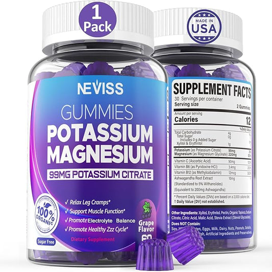 Potassium Magnesium Gummies - Potassium Supplement w/Ashwagandha 200mg, High Absorption Magnesium Glycinate,B6,B12,Potassium Citrate for Leg Cramps,Muscle,Electroyte for Adults Kids,Sugar-Free, 1Pack