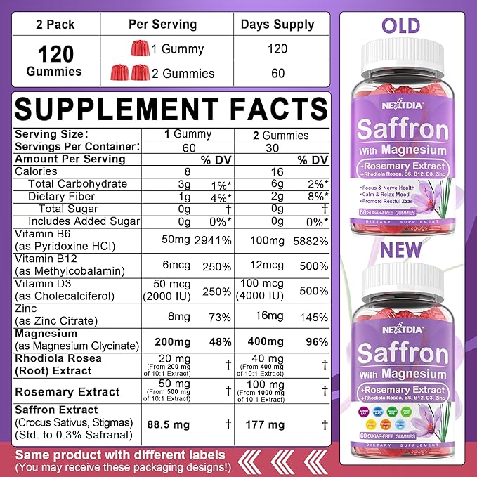 Saffron Supplements Gummies - 4 Months Supply - Saffron Extract 177mg 88.5mg, w/Magnesium Glycinate 400mg 200mg, Rhodiola Rosea, Rosemary, B6 B12 D3 for Calm, Nerve, Rest, Focus, Sugar-Free, 2 Pack