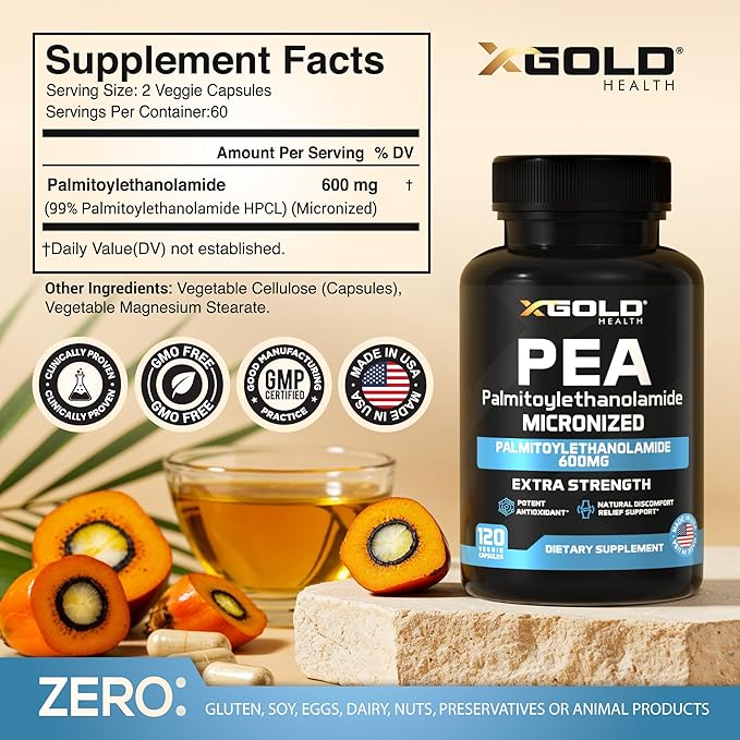 Palmitoylethanolamide Pea Supplement 600 mg | Micronized Pea 99% Highly Purified and Bioavailable | Made in USA | Supplement for Men and Women - 120 Capsules