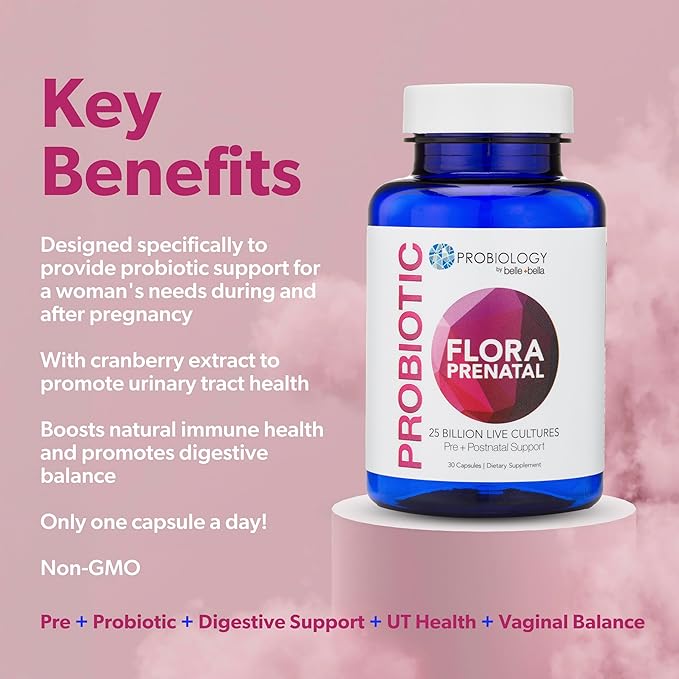 belle+bella Probiology Flora Prenatal Capsules - Dual Action Probiotic & Prebiotic Supplement with Folic Acid for Prenatal & Postnatal Women - Non-GMO, Vegan & Gluten Free - 30 Caps