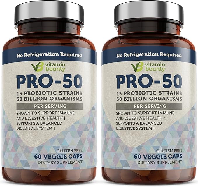 Vitamin Bounty Pro-50 Probiotic - 50 Billion Organisms and 13 Probiotic Strains that Promote Gut Health, Digestive Health Probiotic, Delayed Release Capsule with Prebiotic Greens - 60 Capsules, 2 Pack