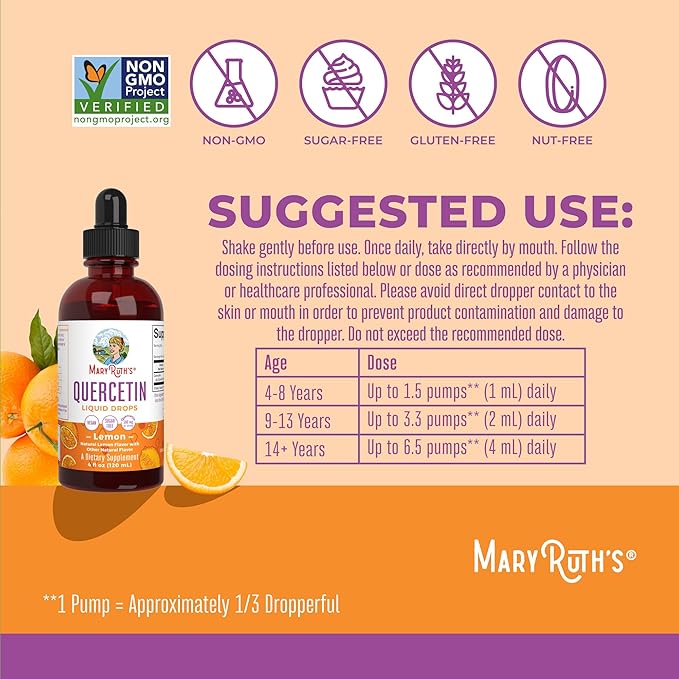 Quercetin Liquid Drops by MaryRuth's | Sugar Free | Liquid Quercetin 500mg for Adults & Kids | Cardiovascular Health for Adults | Bioflavonoid | Vegan | Non-GMO | Gluten Free | 4 Fl Oz