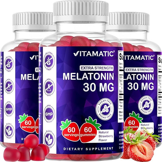 Vitamatic Sugar Free Melatonin 30mg per Gummy - 60 Servings - 60 Vegetarian Gummies - Non-Habit Forming Supplement (60 Count (Pack of 3))