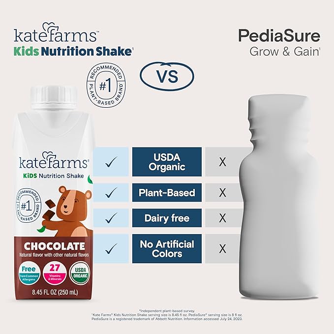 KATE FARMS Organic Pediatric Kids Nutrition Shake, Chocolate, 8g protein, 27 Vitamins and Minerals, Meal Replacement, Protein Shake, Gluten Free, Non-GMO, 8.45 oz (6 Pack)