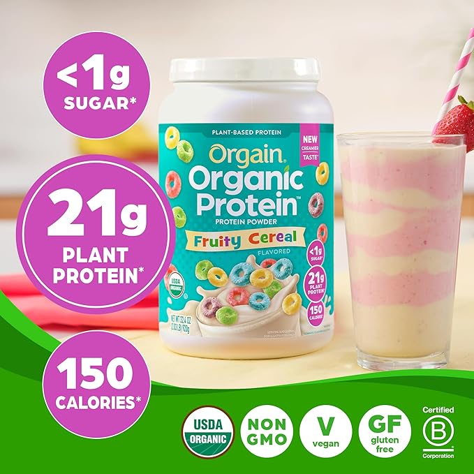 Orgain Organic Vegan Protein Powder, Fruity Cereal - 21g Plant Based Protein, 8g Prebiotic Fiber, Low Net Carb, No Lactose Ingredients, No Added Sugar, Non-GMO, For Shakes & Smoothies, 2.03 lb