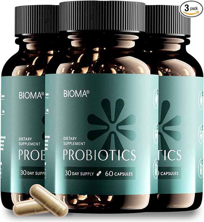BIOMA Probiotics for Digestive Health, 3 in 1 Gut Health Probiotics and Prebiotics/Postbiotics, Slow Release Synbiotic Probiotic Capsules for Complete Gut Harmony Probiotic Multi Enzyme (180 Caps)