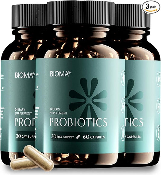 BIOMA Probiotics for Digestive Health, 3 in 1 Gut Health Probiotics and Prebiotics/Postbiotics, Slow Release Synbiotic Probiotic Capsules for Complete Gut Harmony Probiotic Multi Enzyme (180 Caps)