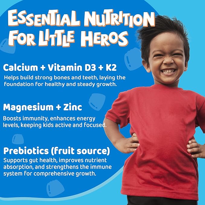Sugar Free Kids Calcium Gummies with Prebiotics (FOS) 500mg, High Absorption Vegan Algae Calcium for Bone Growth, Kids Vitamin Gummies for Healthy Development with D3 K2, Grape Flavor, Non-GMO, 60 Cts