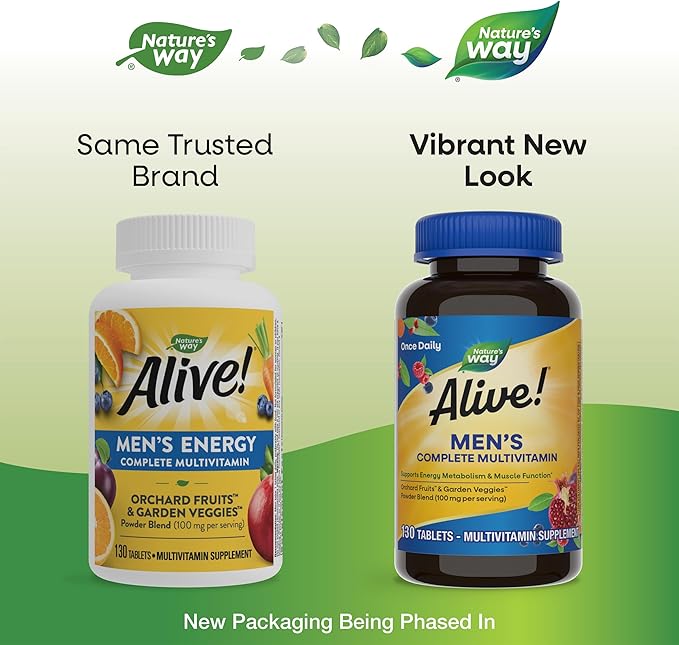 Nature's Way Alive! Men's Complete Daily Multivitamin, Supports Energy Metabolism & Muscle Function*, with B-Vitamins, Gluten Free, 130 Tablets (Packaging May Vary)