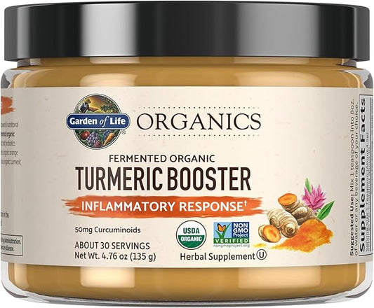 Garden of Life Organics Turmeric Booster Inflammatory Response Powder - 30 Servings, 50mg Curcumin (95% Curcuminoids) & Probiotics, Organic Non-GMO Vegan & Gluten Free Herbal Supplements