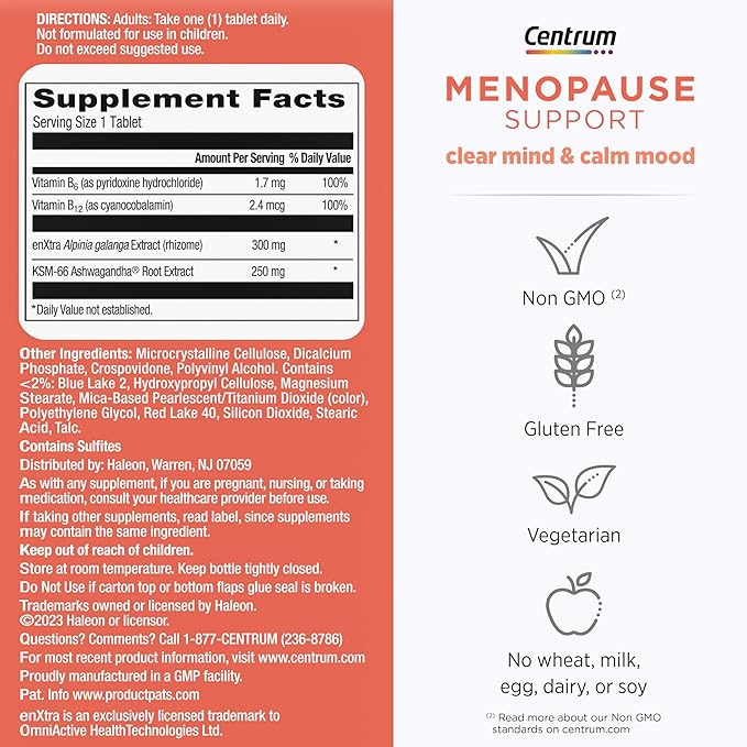 Centrum Clear Mind and Calm Mood Menopause Support Tablets, with Clinically Studied enXtra, 30 Count