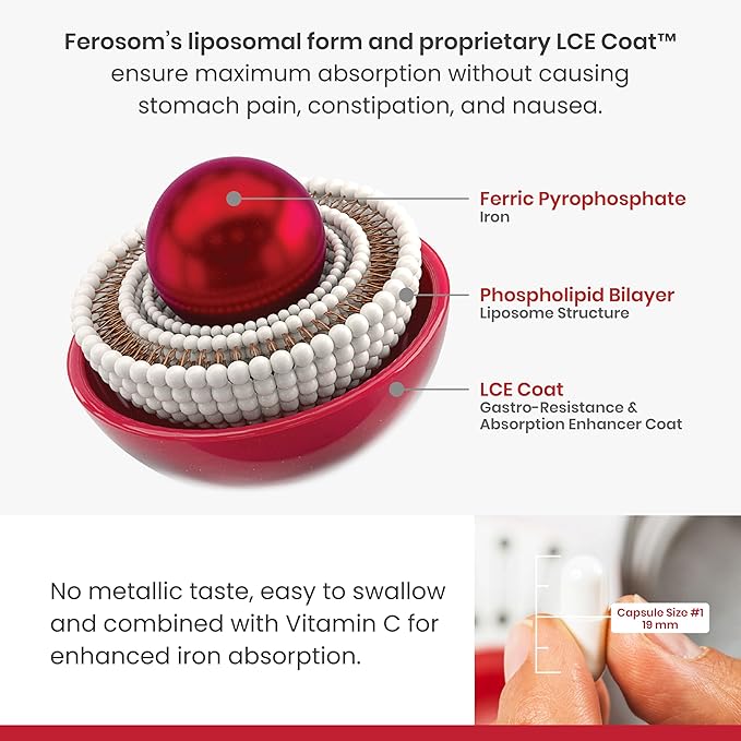 LCE Liposomal Iron – Supplement Powder Gentle on the Stomach – 21g Elemental Iron with Vitamin B12, B6, D, C, Folic Acid – Berry Flavor Powder or Liquid Iron Drink, 30 Vegan Iron Sachets