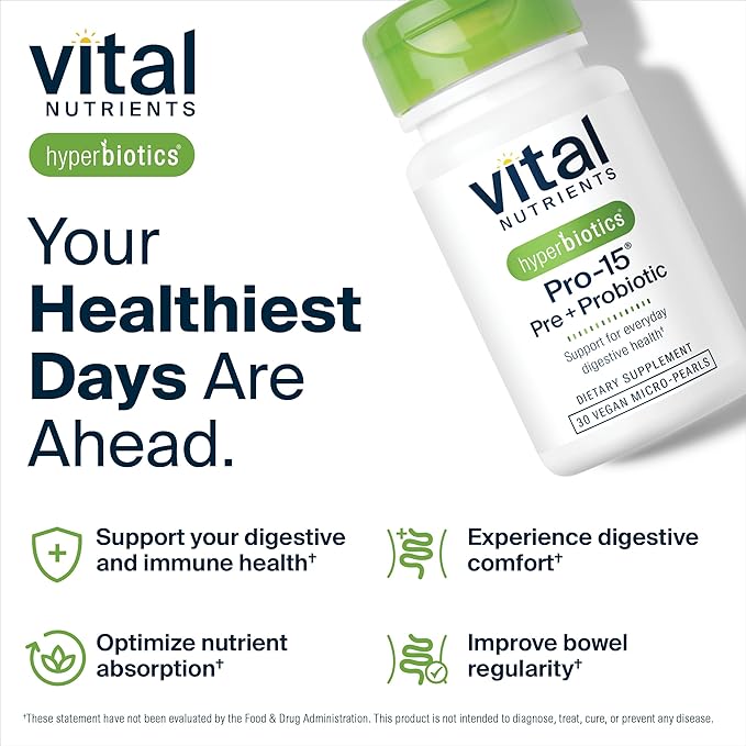 Hyperbiotics Vital Nutrients Pro-15 Pre + Probiotic | 15 Strains| Supports Occasional Constipation, Diarrhea, Gas & Bloating | Immune, Digestive & Gut Health | Shelf-Stable | Vegan | 60 Pearl Tablets