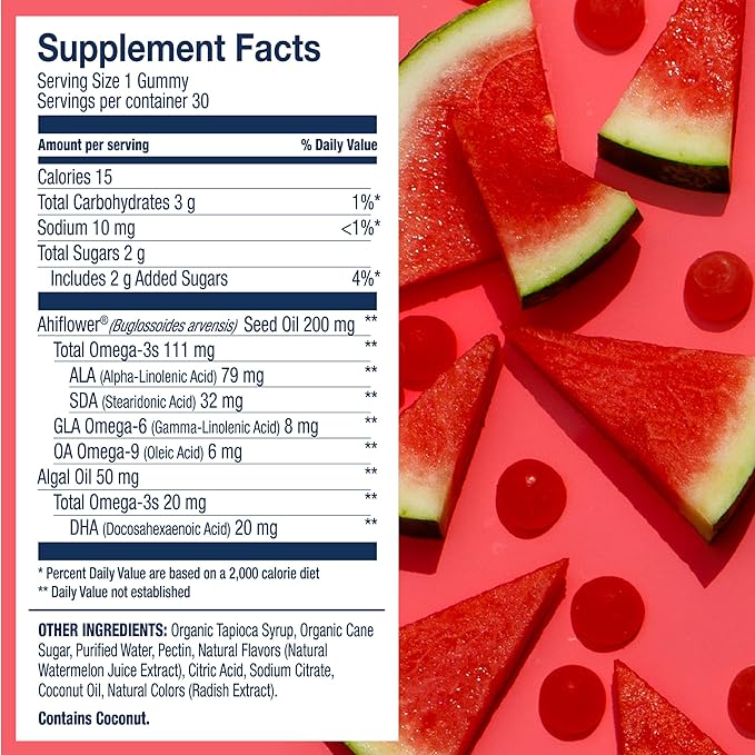 Wiley's Finest Kids Vegan Omega-3 Gummies - Natural Sugar - Vegetarian DHA, ALA & SDA - Gluten Free - Watermelon Flavor, 30 Gummies