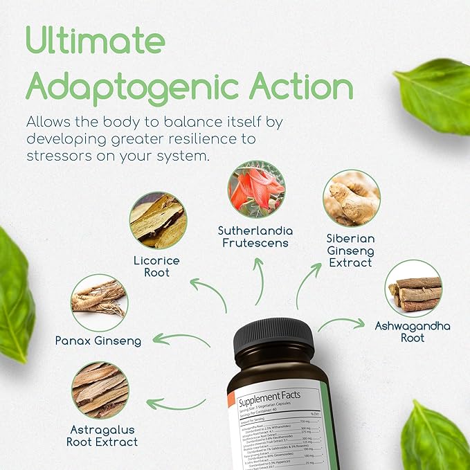 Adaptogen Immune, Adaptogens Supplements, Ashwagandha Supplements with Siberian Ginseng, Astragalus Root, and More - Promotes Healthy Body Functioning - Stress Relief Supplement, 120 Capsules
