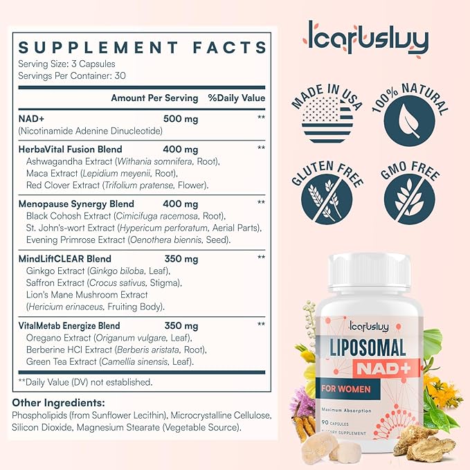 2000MG Liposomal NAD+ for Women, NAD+ Supplement, with Ashwagandha, Maca, Black Cohosh & Ginkgo Biloba, Max Absorption, NAD Plus - Menopause, Cognitive Clarity, Energy, Aging Defense, 90 Capsules