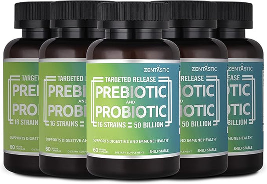 Zentastic Probiotics & Prebiotics Supplement - 50 Billion CFU - for Men & Women’s Immune & Digestive Health - 16 Strains - Shelf Stable - 300 Delayed Release Veggie Capsules