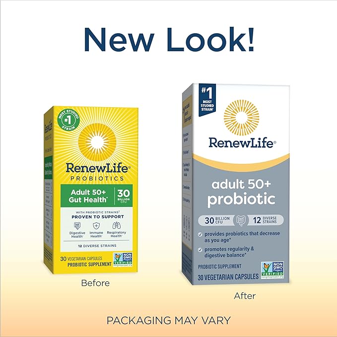 Renew Life Probiotic Adult 50 Plus Probiotic Capsules, Daily Supplement Supports Urinary, Digestive and Immune Health, L. Rhamnosus GG, Dairy, Soy and gluten-free, 30 Billion CFU, 30 Count