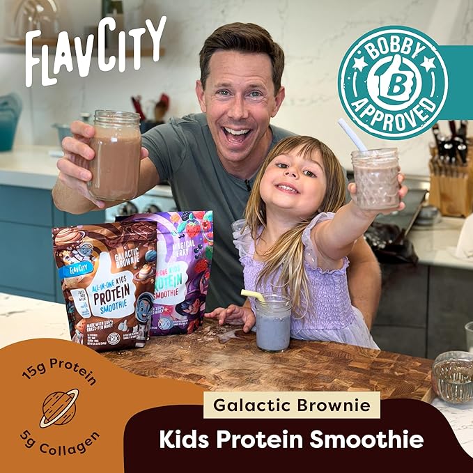 FlavCity Kids Chocolate Protein Powder - Galactic Brownie Smoothie - 15g Undenatured Whey Kids Protein Shake Powder - 5g Grass-Fed Bovine Collagen Peptides - Gluten-Free & Non-GMO (15 Servings)
