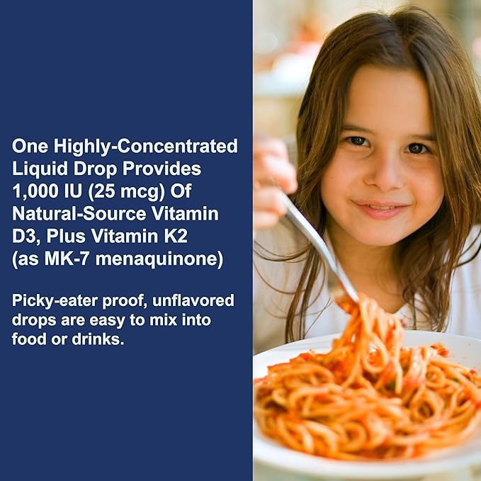 Carlson - Kid's Super Daily D3+K2, 25 mcg (1,000 IU) D3 & 22.5 mcg K2, Vitamin D Drops with Vitamin K2, Liquid Vitamins, 1000 IU Vitamin D3, Heart & Bone Health, 1-Year Supply, Unflavored, 360 Drops