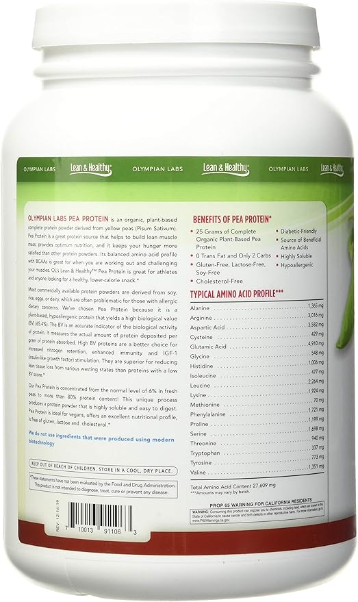 Olympian Labs Plant Based Pea Protein Powder, Unflavored - 25g of Protein, Vegan, Low Net Carbs, Gluten Free, Lactose Free, No Sugar Added, Soy Free, Kosher, Non-GMO, 2 Pound Pea Protein Powder