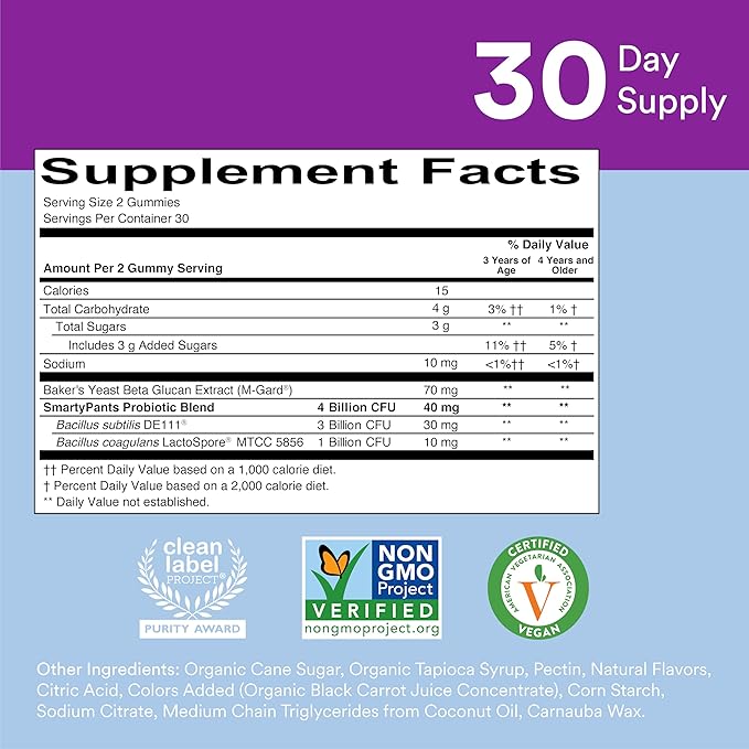 SmartyPants Kids Probiotic Immunity Gummies: Prebiotics & Probiotics for Digestive Health and Immune Support Supplement, Gluten Free, Vegan, Grape Flavor, 60 Count (30 Day Supply)