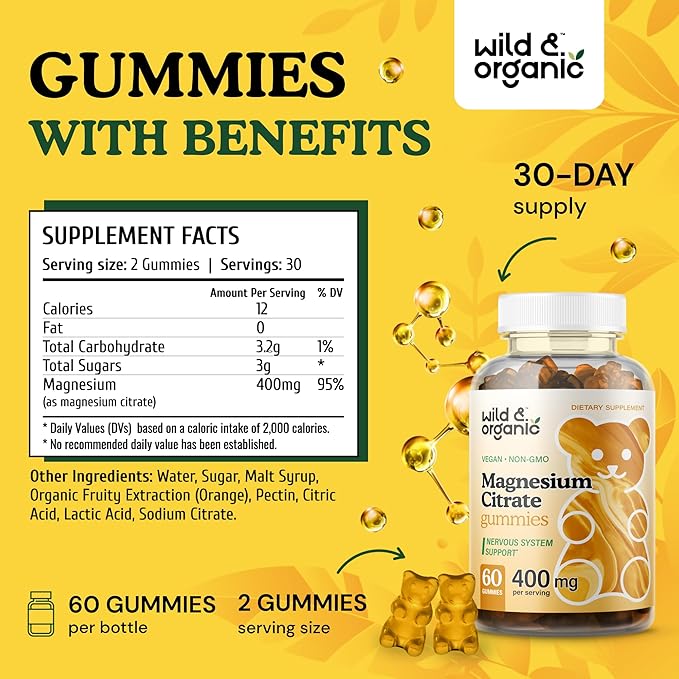 Wild & Organic Magnesium Citrate Gummies 400 mg - Relaxing Chewables for Calm and Mood - Calming Magnesium Citrate Supplement - 60 Vegan, Non-GMO Powder Based Chews