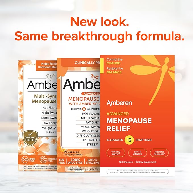 Amberen: Safe Multi-Symptom Menopause Relief. Clinically Shown to Relieve 12 Menopause Symptoms: Hot Flashes, Night Sweats, Mood Swings, Low Energy and More. 2 Month Supply