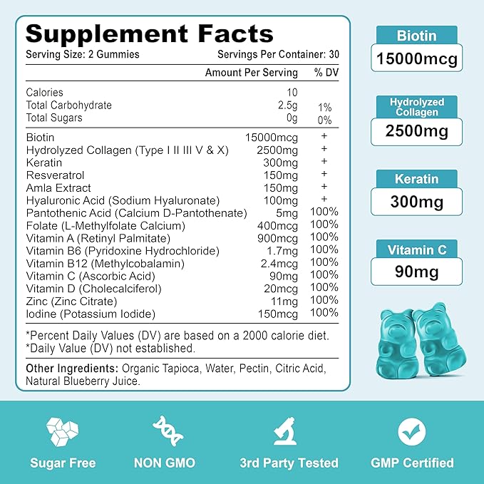Biotin Gummies for Hair Growth, Hair Skin and Nails Gummies for Women, Collagen Gummies with Vitamin C Zinc for Men - Blueberry Flavor, 60 Gummies