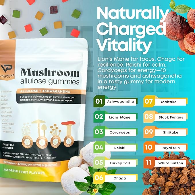 Sugar-Free Ashwagandha & Mushroom Gummies Supplement | 10 Functional Mushrooms per Serving | Immune Support, Focus, Energy | Vegan, Keto, Low Carb, Allulose Sweetener | 80 Gummies, Natural Flavors