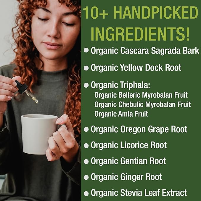 USDA Organic Colon Cleanse Liquid Drops. Vegan, Kosher Colon Cleanser & Detox Supplement with 10+ Super Gentle Herbal Ingredients Including Organic Cascara Sagrada Bark and Organic Yellow Dock Root