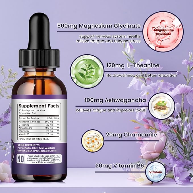 Magnesium Glycinate Liquid Drops 500mg, with Vitamin B6, Ashwagandha, L - Theanine, Chamomile, Magnesium Glycinate Supplement High Absorption for Sleep, Stress, Energy, Mood - Pomegranate Flavor