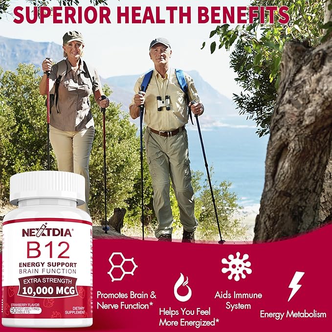 Vitamin B12, Methylcobalamin 10000 mcg, Active B12 Vitamins, Vegan Methyl B12 For Energy Metabolism & Brain Health, Boost Immune System, Natural Strawberry Flavor, Zero Sugar, 90 Fast Dissolve Tablets