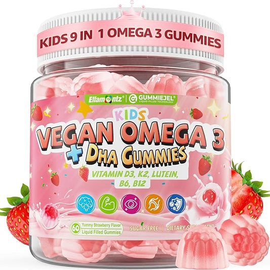 Omega 3 Gummies for Kids 4+, with DHA, Vitamin D3 K2, C, B6, B12, Luetin & Omega 3 6 9, No Fish Taste, Sugar Free Kids Vitamins Gummies, for Brain Bone Eyes Focus Immunity, Fish Oil Alternative, 60Cts