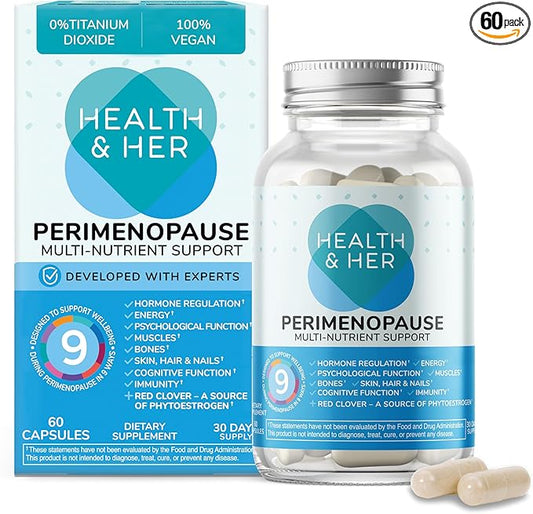 Health & Her Perimenopause Supplement for Women – The UK’s No.1 Perimenopause Supplement - Multi-Nutrient Wellbeing Support for Early Stage of Menopause, Vegan, Gluten-Free, Non GMO (60 ct - 1 Month)