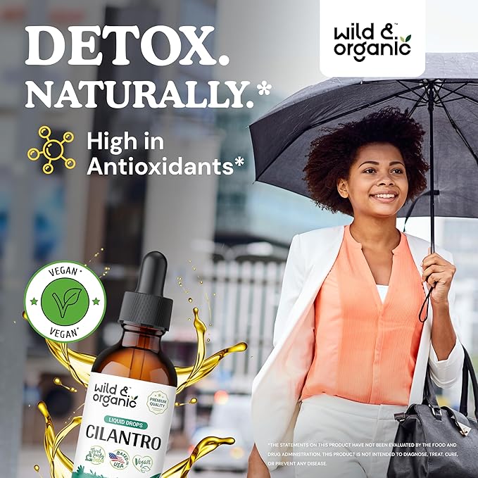 Wild & Organic Cilantro Tincture - Detox Cleanse w/Cilantro - Antioxidant Drops w/Dried Cilantro Leaves Extract - Vegan Cilantro Detox Supplements - Alcohol-Free Cilantro Drops - 2 oz