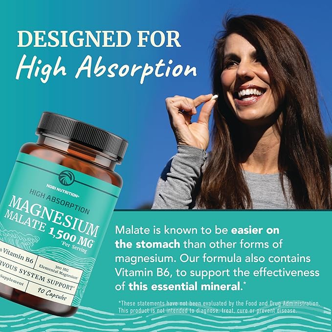 Magnesium Malate 1500MG | Energy & Nervous System Support | 300MG Elemental Mag Per Serving | High Absorption Magnesium Malate Capsules with VIT B6 + Black Pepper | Non-GMO | 90 Ct (1 Month Supply)