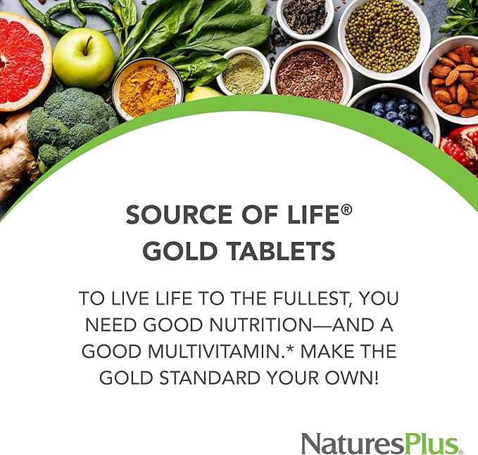 Natures Plus Source of Life Gold Multivitamin - 90 Tablets - with Vitamins D3, B12 & K2 - Blood, Bone & Immune Support - Vegetarian & Gluten Free - 30 Servings