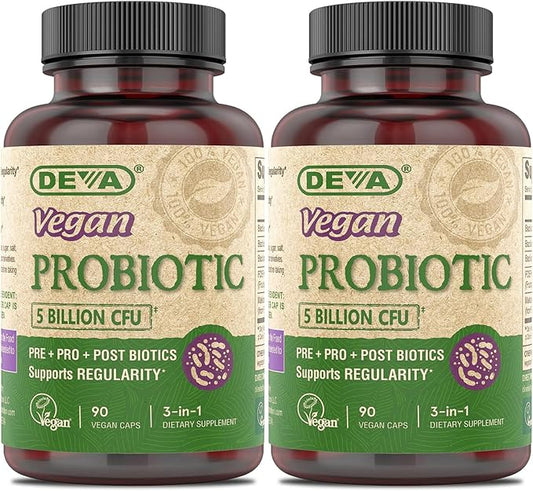 DEVA Vegan Probiotic, 5 Billion CFU 2-Pack – Dairy-Free FOS Prebiotics, Probiotics & Postbiotics, Digestive Health, Gut Support, 90 Vegan Caps Ea