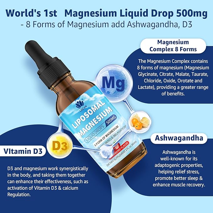 Liposomal Magnesium Glycinate Liquid Drop - With 8 Forms of Magnesium, Ashwagandha, D3 | Liquid Magnesium Supplement 500mg for Kids & Adults, for Calm, Sleep, Muscles & Energy | 2 Pack, 84 Days Supply