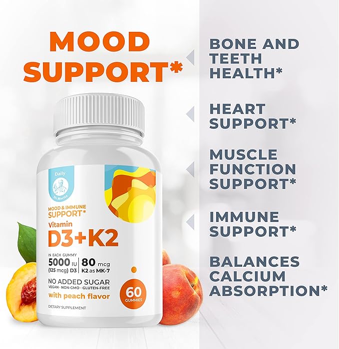 DR. MORITZ Vitamin D3 Gummies (5000 IU) with K2 - for Adults and Kids - Vitamin D3 K2 Gummies for Immune Support & Bone Health - Vegan, Sugar Free, Gluten Free (120 Count)