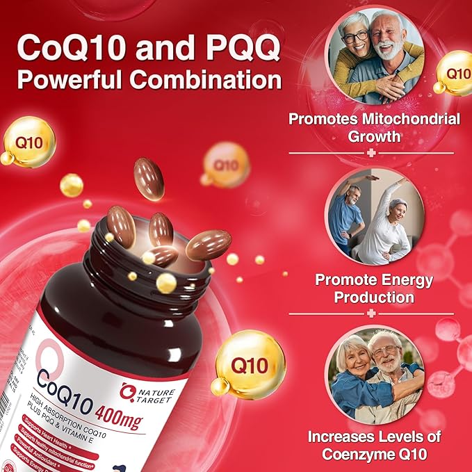 NATURE TARGET CoQ10-400mg Plus PQQ with Vitamin E & Organic Olive Oil - Coenzyme-Q10 with BioPerine - High Absorption Antioxidant-for-Heart-Health and Energy Production,120 Servings