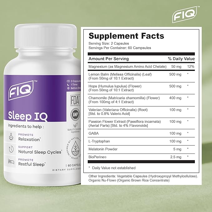 FIQ - Sleep IQ - Sleep Aid - Magnesium Supplement with 5 mg Melatonin, Lemon Balm, & Valerian Root - 60 Capsules