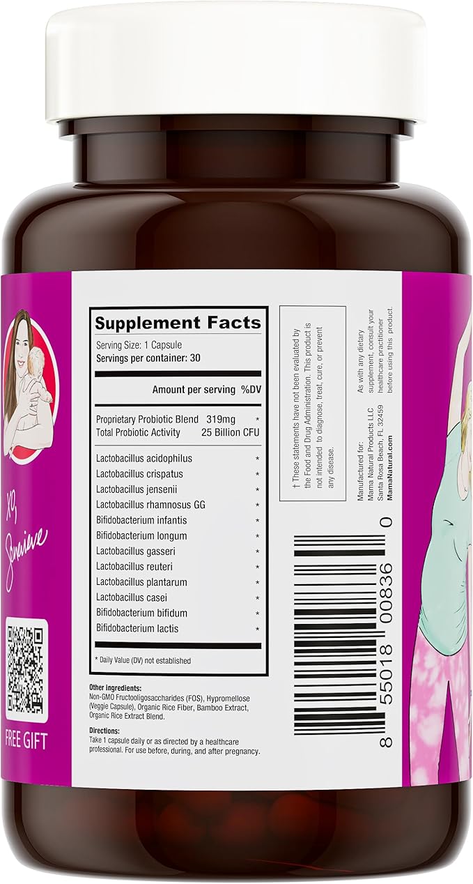 Mama Natural Prenatal Probiotics for Women – Gut & Immune Support for Pregnancy, Breastfeeding & Postpartum* | 25 Billion CFU, 12 Strain Probiotic & Prebiotic Blend to Support Mom and Baby